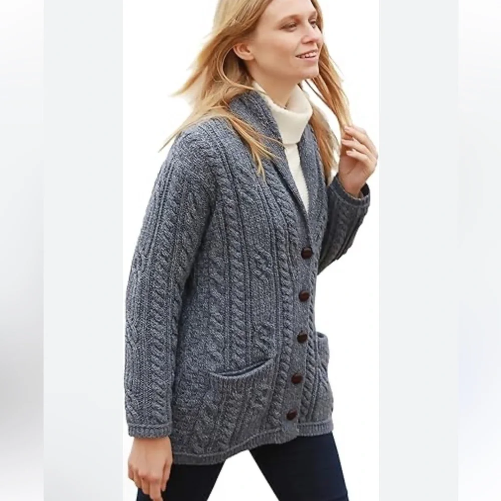 Grey Wool Cashmere Fishermans Knit Cardigan New Size Large AE77 Premium